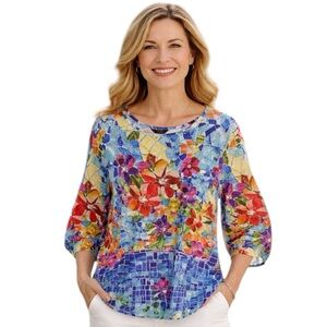Ali Miles 3X Colorful Mosaic Floral Knit Scoop Neck Tunic
II